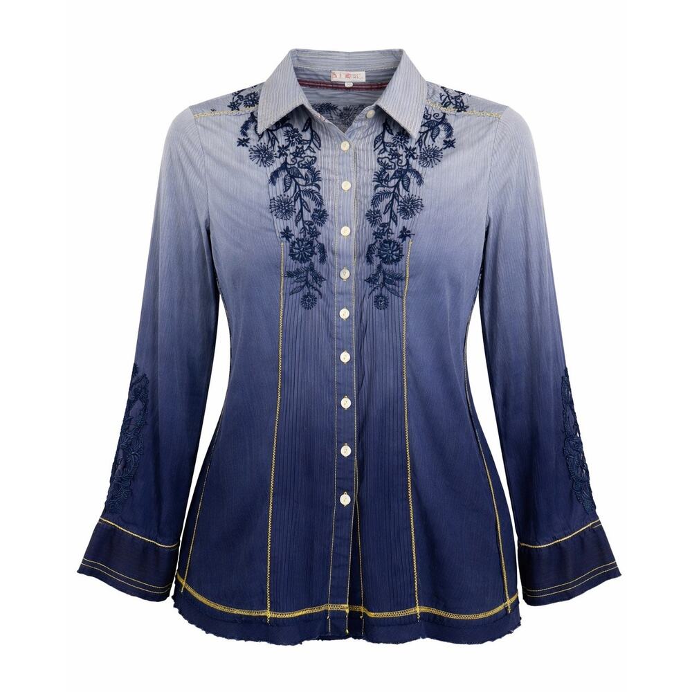 3J Workshop Boston Proper Blue Ombré Embroidered Boho Blouse Button Front Top- S